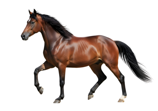 Brown horse in motion against a black background.