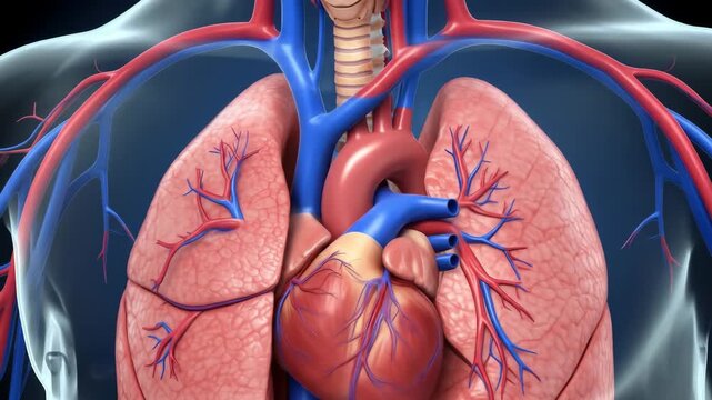 Detailed Anatomical Illustration of the Human Heart and Lungs - This vivid anatomical illustration displays the intricate details of the human heart and lungs, showcasing the interconnected pulmonary