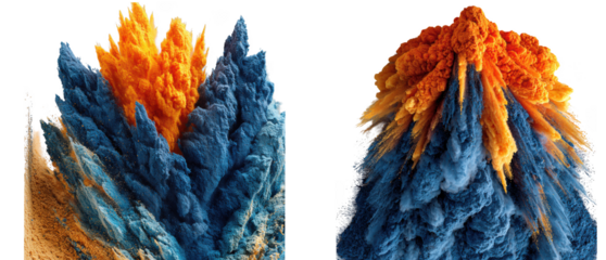 Abstract fractal crystalline structures with vibrant blue and orange hues isolated on transparent background