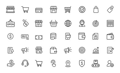 Fototapeta premium e-commerce business icon set. Vector illustration of online marketplace, cart, payment, delivery, marketing, security, retail, shop, sales, client, support and more.