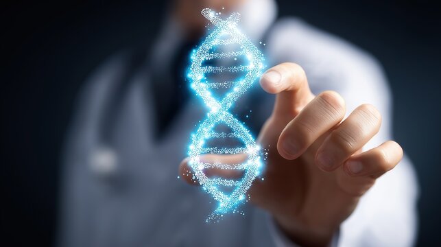 Genetic Testing Concept – Faceless Medical Consultant Offering Glowing 3D DNA Strand Icon, Representing Personalized Healthcare, Genomic Science, and Precision Medicine Solutions

