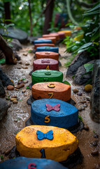 Colorful Numbered Stones with Butterflies Forming a Pathway in Lush Forest for Educational or Nature Themes