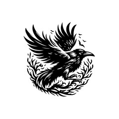 Obraz premium Majestic raven in flight with wings spread, isolated on white background