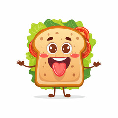 Cheerful Sandwich Illustration: A whimsical, anthropomorphic sandwich character beams with joy. Showcasing vibrant colors and playful details.