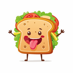 Sandwich Character's Joyful Delight: A cheerful sandwich character, bursting with personality, radiates joy with its playful expression, arms outstretched, and tongue playfully lolling.