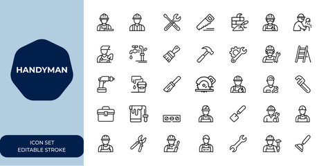 Handyman repairman icon set: professional carpenter, contractor, technician tools, workshop equipment, home improvement, building maintenance, renovation, welding, painting, plumbing and more.