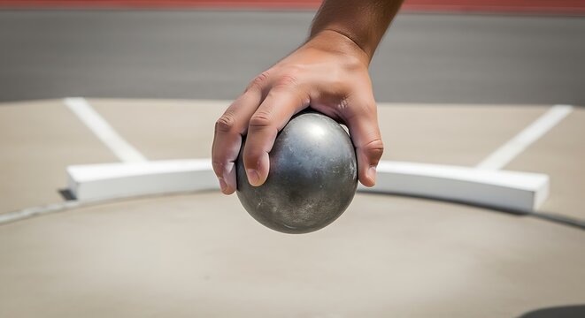 Athlete's Hand Gripping Shot Put Ball on Track and Field Circle, Ready for Competition