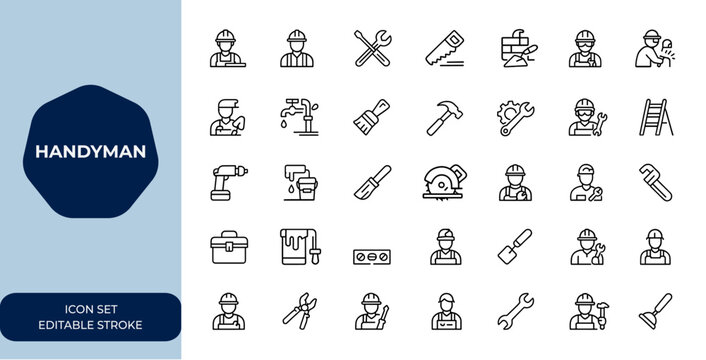 Handyman repairman icon set: professional carpenter, contractor, technician tools, workshop equipment, home improvement, building maintenance, renovation, welding, painting, plumbing and more.
