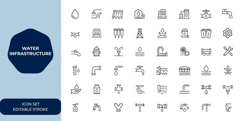 water infrastructure icon set. Editable stroke vector collection for engineering, plumbing, utilities, hydropower, pipeline, irrigation, construction and more. 