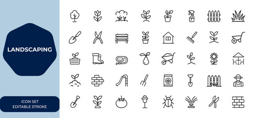landscaping icon set with editable linear strokes. Vector illustration collection featuring garden, outdoor, nature, environment, design, architecture, plants, greenery, tools and more.