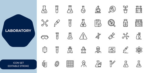 laboratory icon set with editable strokes. Linear vector illustration collection for lab, science, research, medical, test, chemistry, analysis, equipment, experiment, vector and more.