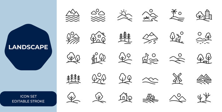 landscape icons set. Linear vector illustration of editable stroke. collection for nature, environment, scenery, terrain, outdoor, earth, geography, map, design and more.
