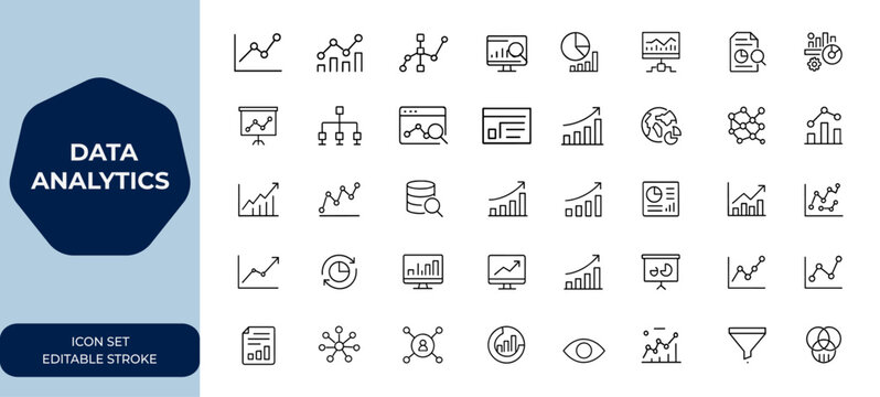 Data analytics icon set with editable stroke. Vector illustration collection of outline icons for analytics, statistics, charts, dashboard, reports, visualization, business, technology - Powered by Adobe