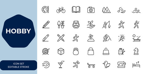 Outline hobby icon set with editable stroke. Linear vector illustration collection for creative pastimes, leisure activities, crafts, DIY projects, and artistic hobbies, design symbols, modern style