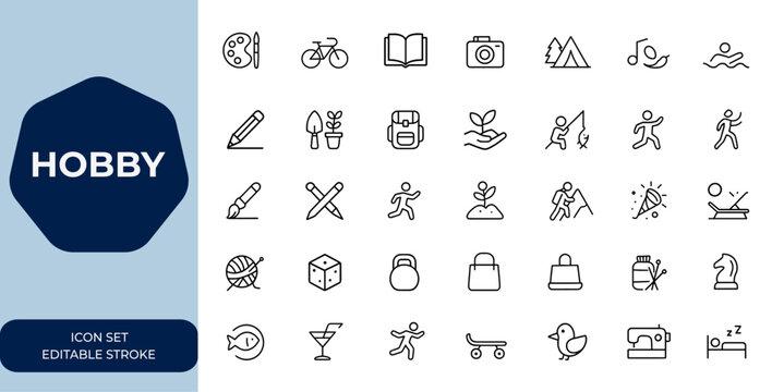 Outline hobby icon set with editable stroke. Linear vector illustration collection for creative pastimes, leisure activities, crafts, DIY projects, and artistic hobbies, design symbols, modern style