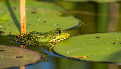 Fototapeta premium Green Frog Resting on Lily Pad in Calm Water with Natural Light