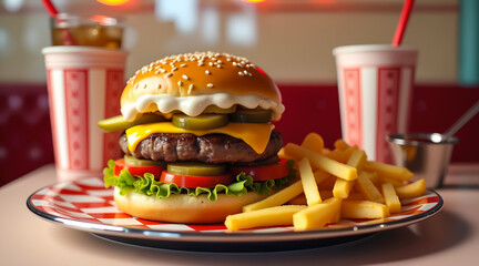 uicy close-up of classic retro-style burger with melted cheese, fries, and soda on a vintage plate