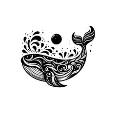 Whale illustration isolated on white background, decorative vintage design
