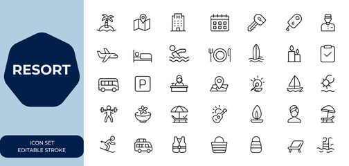 Resort-themed designs Linear outline icon set. Editable stroke vector illustration collection for travel, vacation, hotel, leisure, tourism, holiday, getaway, summer, beach, spa and more.