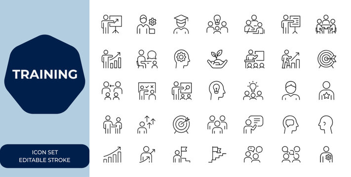 Training Line icon collection of editable stroke, mentoring, education, teamwork, coaching, meeting, conference symbols. Vector outline illustration, business, leadership, workshop and more.