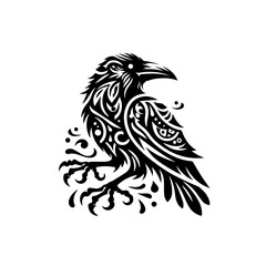 Majestic raven with tribal patterns isolated on white background