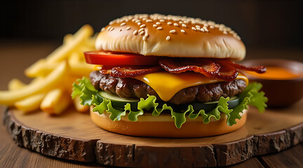 Ultra-detailed shot of a gourmet burger with soft bun and vibrant toppings