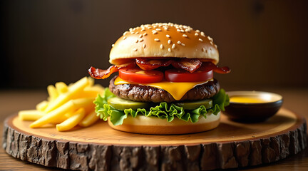 Detailed food shot with perfect textures, natural light, and golden sesame bun
