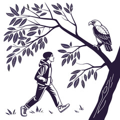 Young person walking in nature encounters a majestic eagle perched on a tree branch
