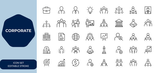 corporate icon set with outline vector illustrations. Editable stroke icons collection perfect for business design, branding, office, finance, professional, minimalistic style and more.