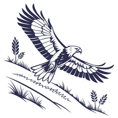 Majestic eagle soaring over a grassy hillside with stylized wheat stalks