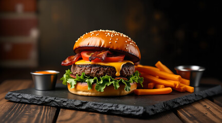 Industrial-style burger scene with smoky cheddar and spicy aioli