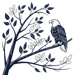 Majestic bald eagle perched on a branch of a stylized tree with dark blue leaves