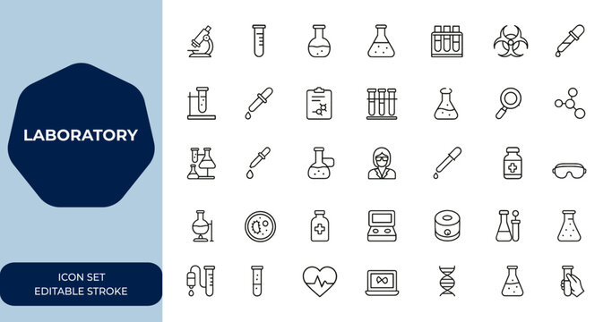 laboratory icon set with editable stroke. Outline vector illustration collection of lab equipment and science symbols for modern design and digital projects, research, experiment and more.