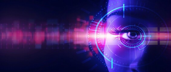 Fototapeta premium Close up of a futuristic robotic eye glowing softly among intricate circuits in a high tech environment. Eye in an high tech environment. Generative AI