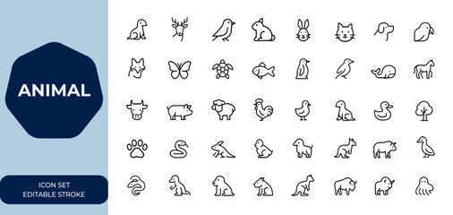 Animal icons set. Editable stroke vector set with wildlife, domestic pets, ocean life, farm animals, fauna, jungle, and nature elements, icon set and more