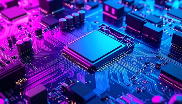 Close up view of a central processing unit on a computer motherboard illuminated with vibrant pink and blue neon lights