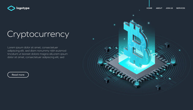 Cryptocoin mining farm layout. Cryptocurrency and blockchain network business isometric vector illustration. Crypto currency exchange or transaction process background.