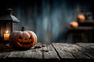 Halloween Pumpkin on wooden table in front of spooky dark background. Jack o lantern