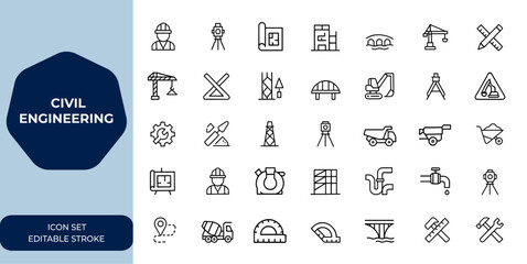  civil engineering tools and symbols Linear outline icon collection. Editable stroke vector illustration set for construction, architecture, infrastructure design, blueprint and more.