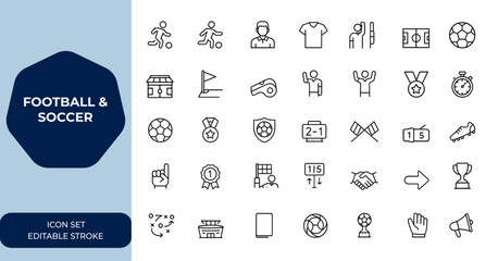 Outline football and soccer icon set with editable stroke. Linear vector illustration collection featuring players, coaches, trophies, stadiums, whistles, leagues, and competitive game elements