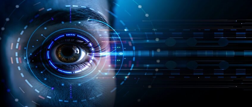 Close up of a futuristic robotic eye glowing softly among intricate circuits in a high tech environment. Eye in an high tech environment. Generative AI