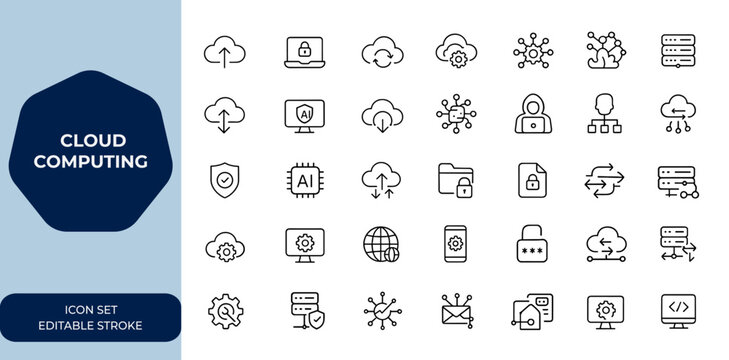 cloud computing Vector line icon set, cyber security, digital transformation, server, and cloud services. Editable stroke outline icons for technology and data protection and more.