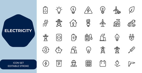 Electricity Linear outline icon set, energy, power, and electrical devices. Editable stroke vector illustration collection including battery, bulb, circuit, solar, green technology, and more