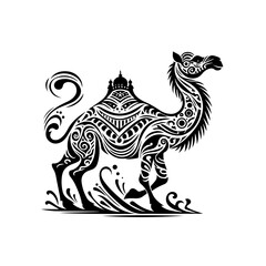 Ornate camel illustration isolated on white background in black and white