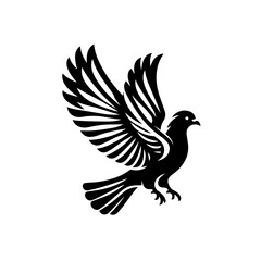 Black dove with spread wings isolated on white background, a symbol of peace