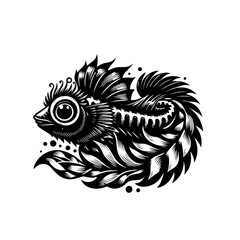 Illustration of a chameleon isolated on white background in black and white