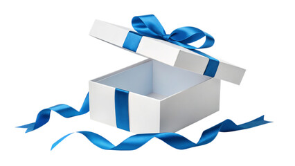 Elegant white gift box with vibrant blue ribbon, perfect for celebrations and special occasions presents