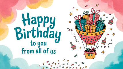 Birthday celebration with balloons, confetti, open gift, joyful festive text