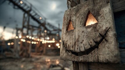 Wooden carved jack-o'-lantern on rustic construction site,  lit candles