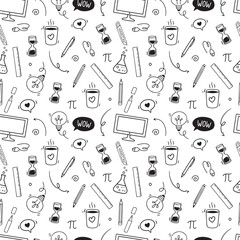 Back to school seamless vector pattern. Pattern school supplies. Vector illustration. Hand-Drawn. Flat design, Black and white line sketch. Stationery, Computer, light bulb, test tubes
